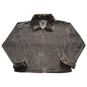 🐆 Vintage Onoue Grey Velour Zip-up With Fuzzy Leopard Print Trim 🐆